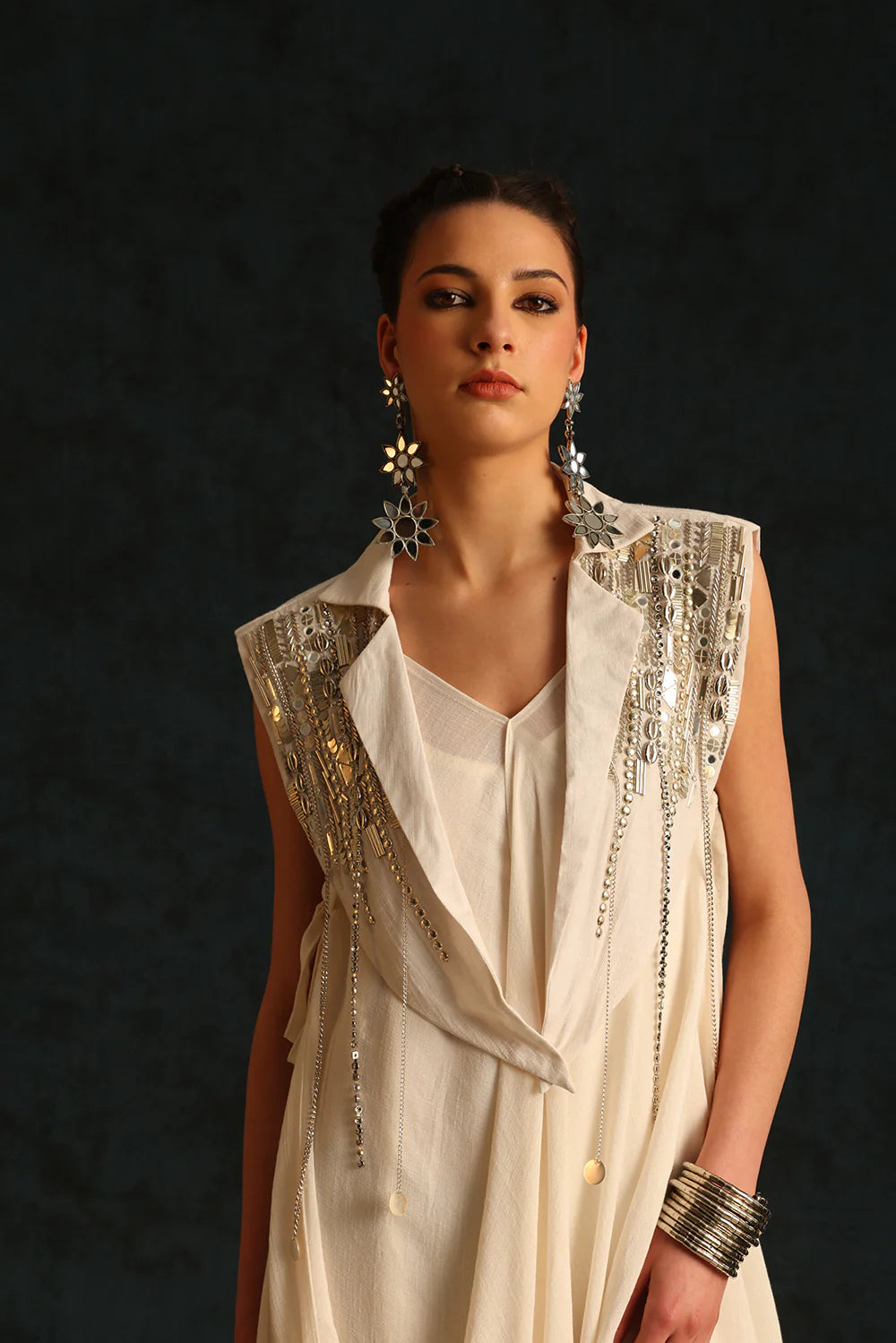 Cowl Dress With A Cape Blazer Waistcoat