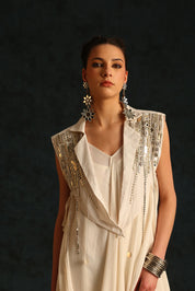 Cowl Dress With A Cape Blazer Waistcoat