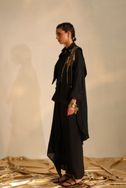 Black Waterfall Shirt Set With A Cape Blazer Waistcoat
