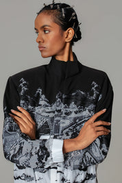 B&W Hokusai Embroidered Bomber Jacket