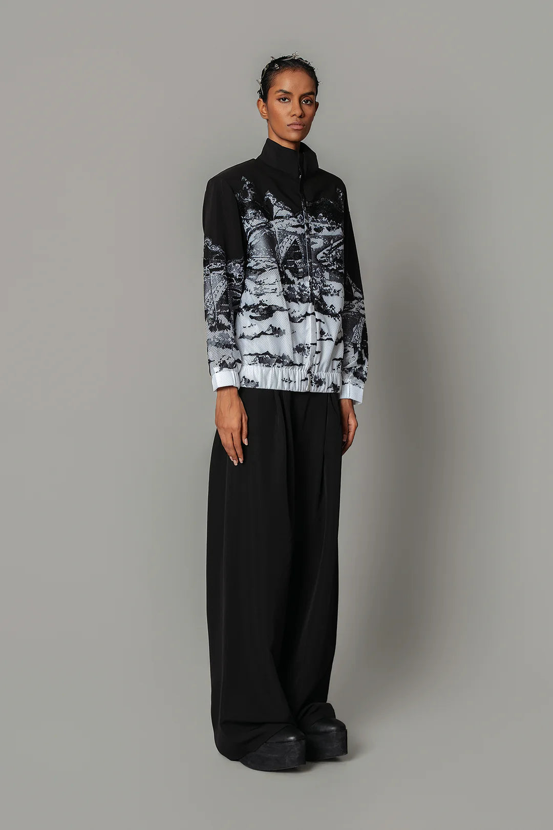 B&W Hokusai Embroidered Bomber Jacket