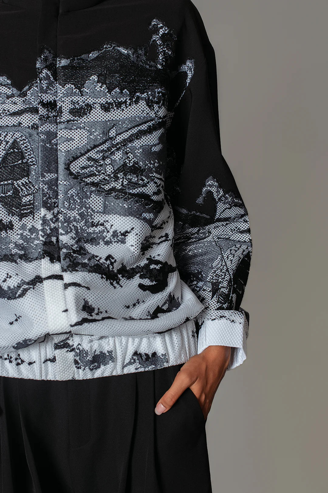 B&W Hokusai Embroidered Bomber Jacket