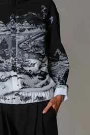 B&W Hokusai Embroidered Bomber Jacket