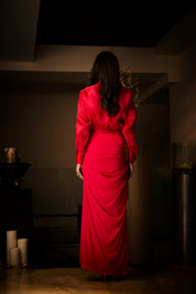 Sangria Silk Satin Cowl Skirt Paired with an Organza Shirt