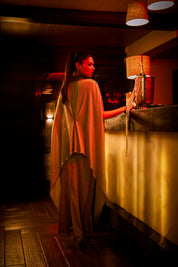 Taupe Crushed Fabric Cape Set Paired with a Draped Skirt