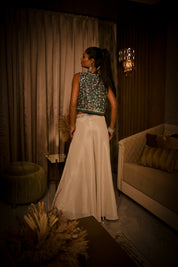Ivory Flared Pants, Bustier and Green Jacket