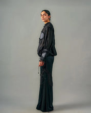 Cross Gathered Top & Sheer Insert Godet Trouser Set