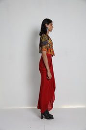 Flowers Jacket With Red Drape Skirt