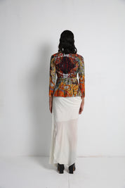 Flowers Long Jacket With Off White Drape Skirt