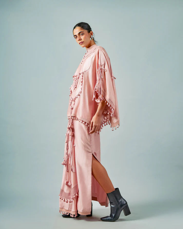 Tasseled Necklines Cape & Godet Lungi Skirt Set