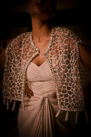 Ivory Draped Dress Paired With Geometric Embellished Cape Jacket