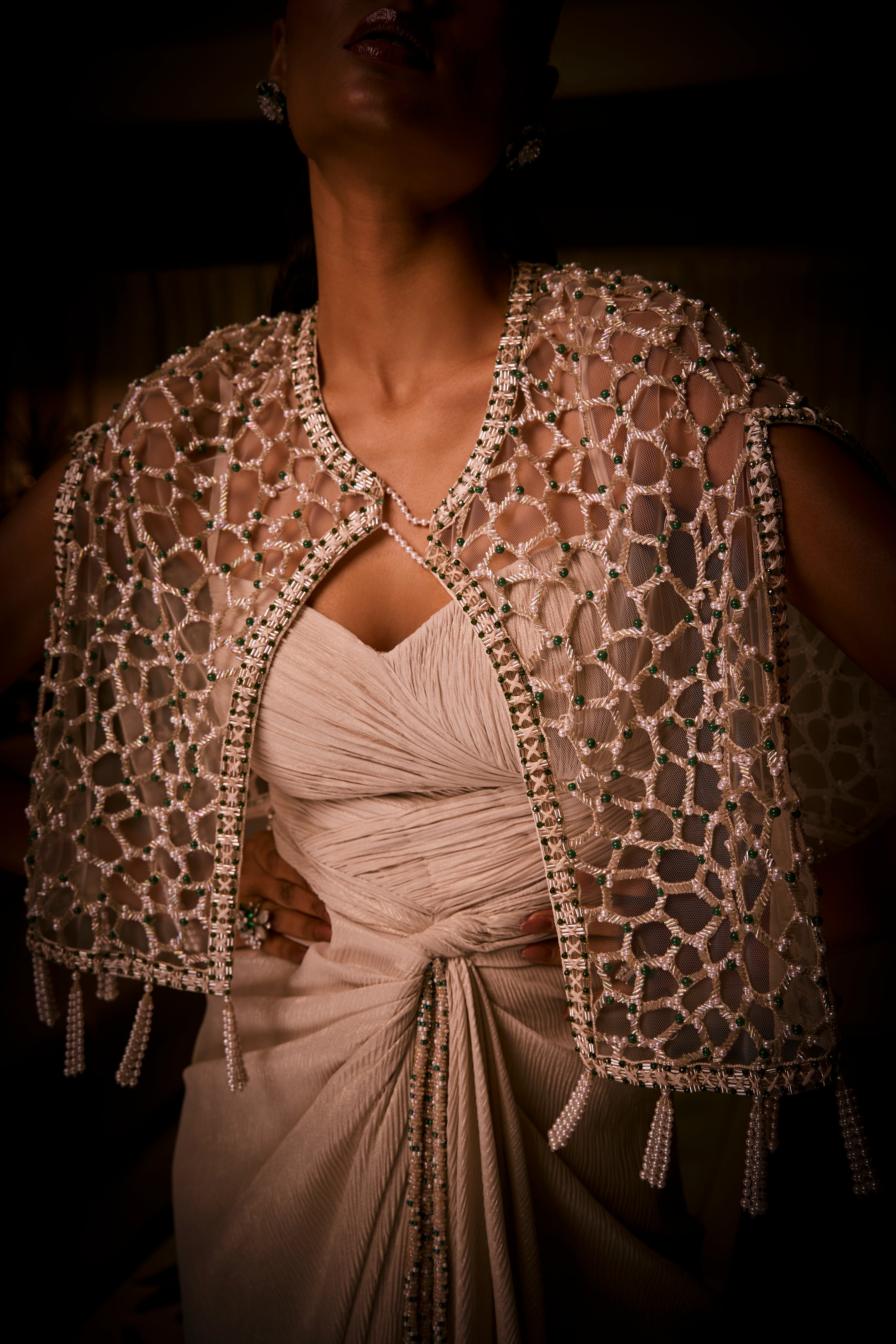 Ivory Draped Dress Paired With Geometric Embellished Cape Jacket