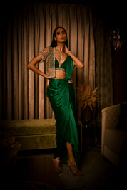 Emerald Green Pre Draped Saree With Bralette And Cape
