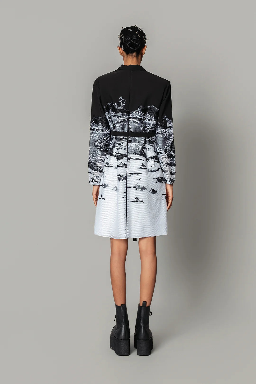 B&W Hokusai Embroidered Coat Dress