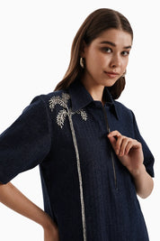Dark Herringbone Denim Palm Dress