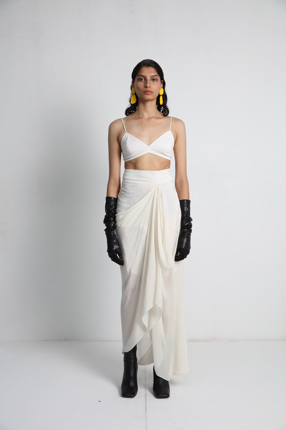 Flowers Long Jacket With Off White Drape Skirt