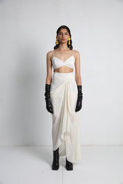 Flowers Long Jacket With Off White Drape Skirt