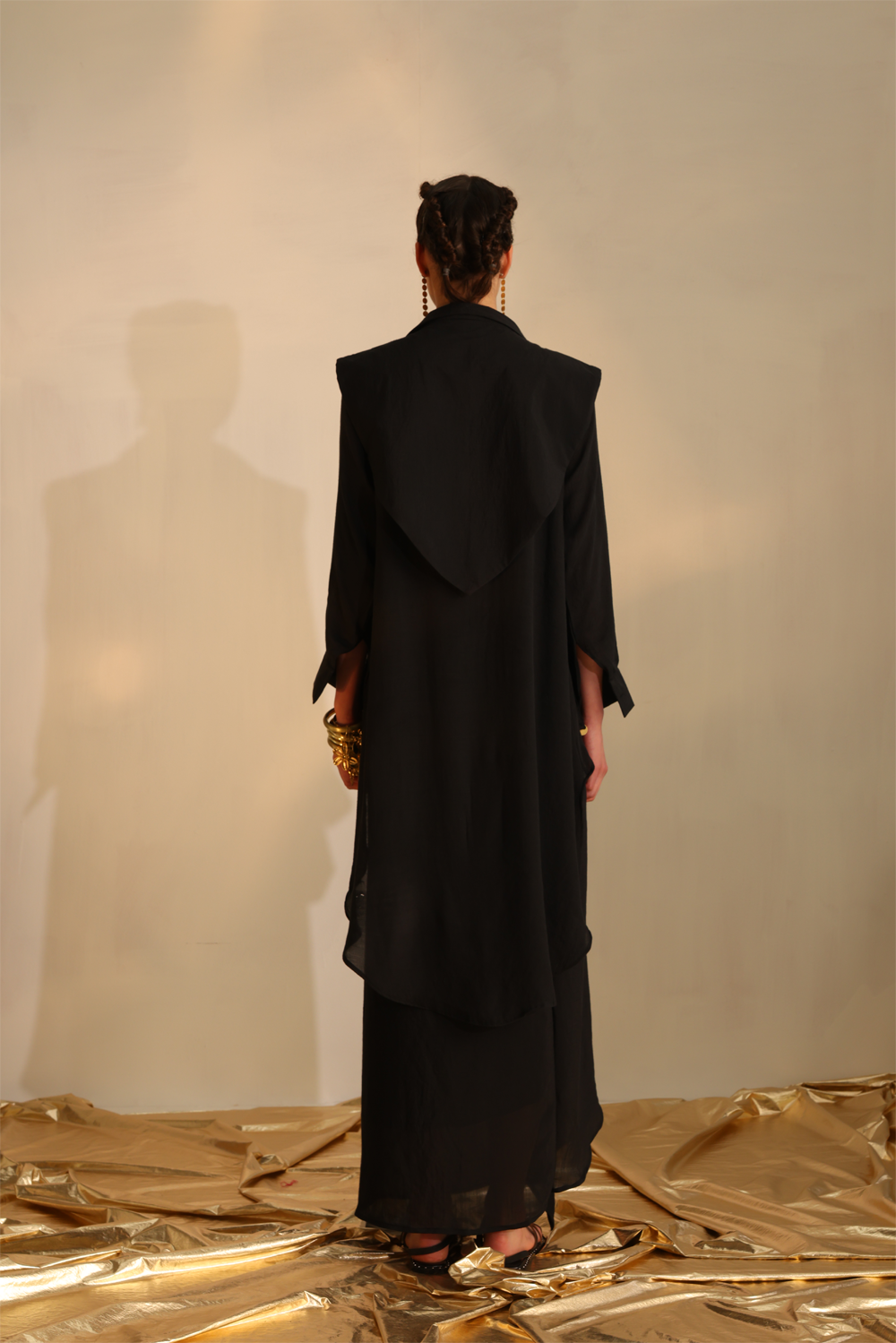 Black Waterfall Shirt Set With A Cape Blazer Waistcoat
