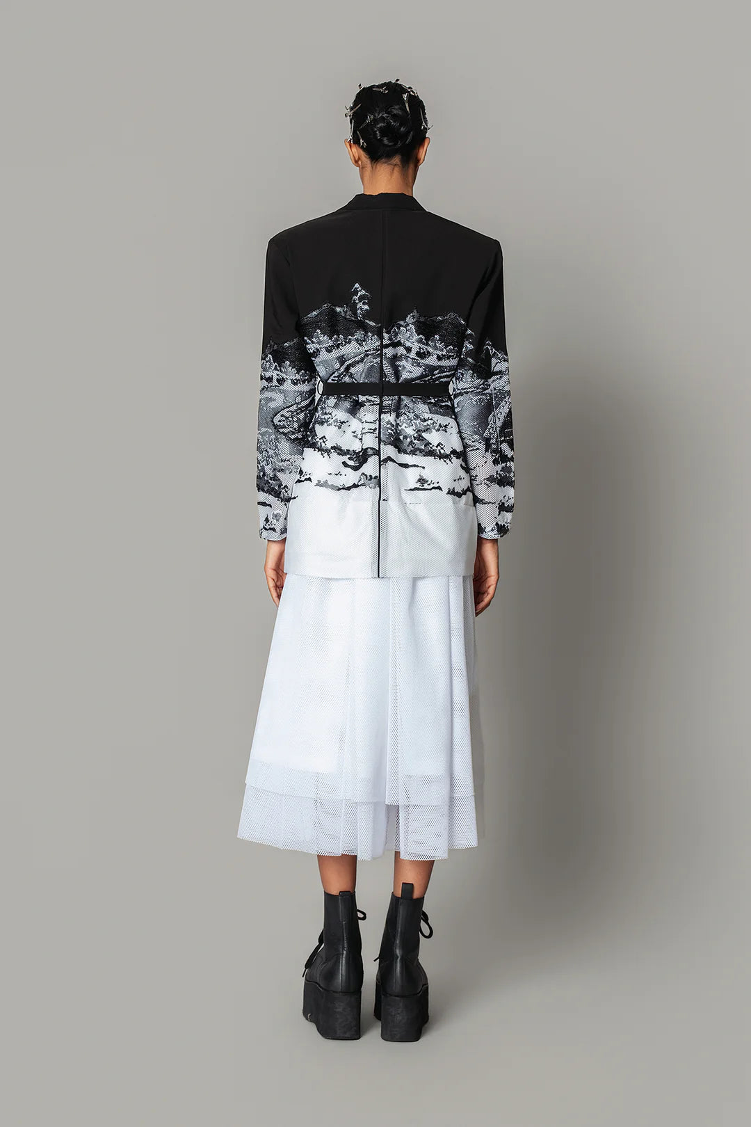 B&W Hokusai Embroidered Long Dress