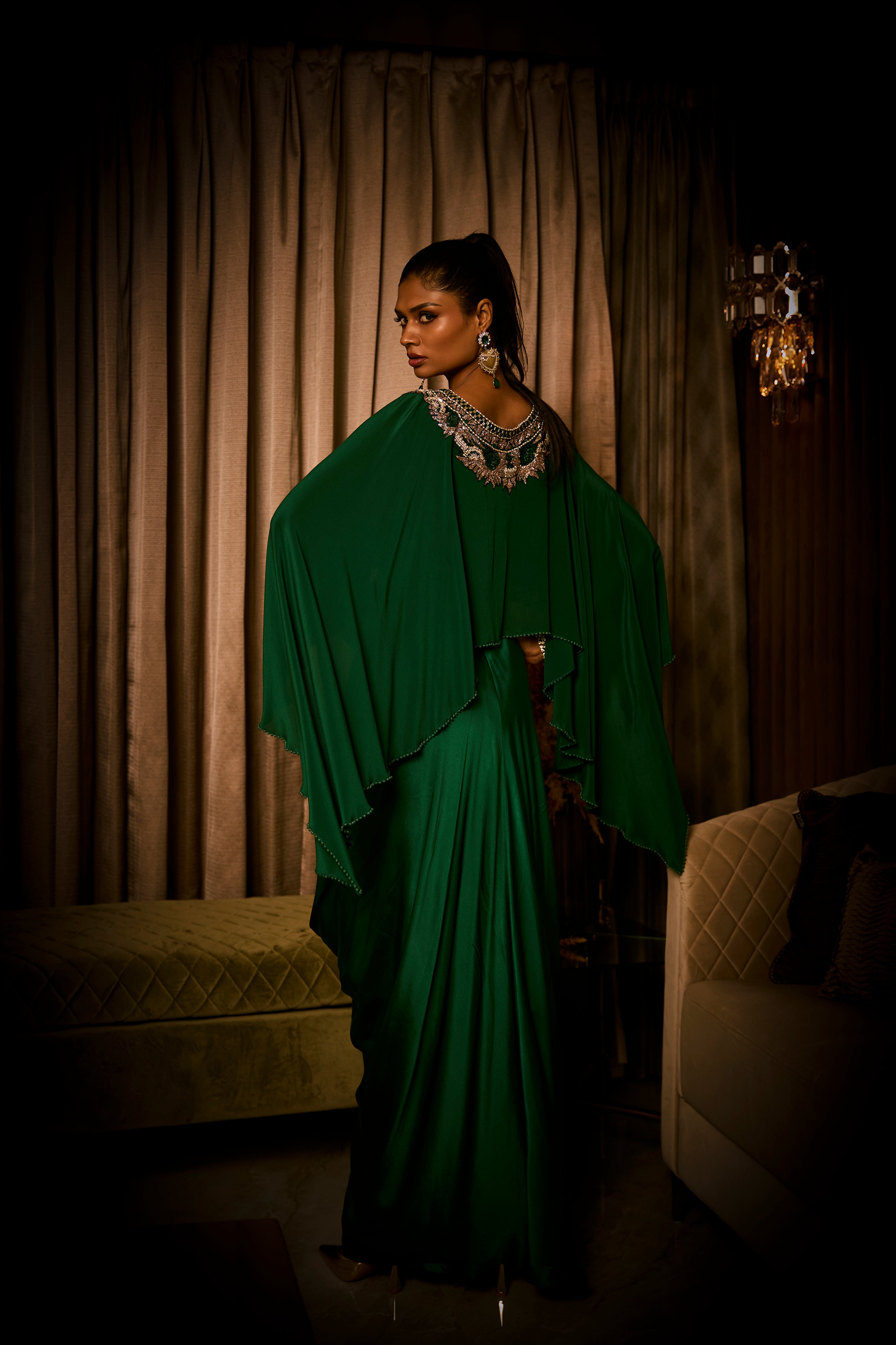 Emerald Green Pure Silk Satin Dress with an Attached Cape