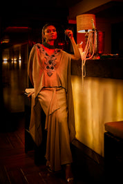 Taupe Crushed Fabric Cape Set Paired with a Draped Skirt