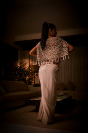 Ivory Draped Dress Paired With Geometric Embellished Cape Jacket
