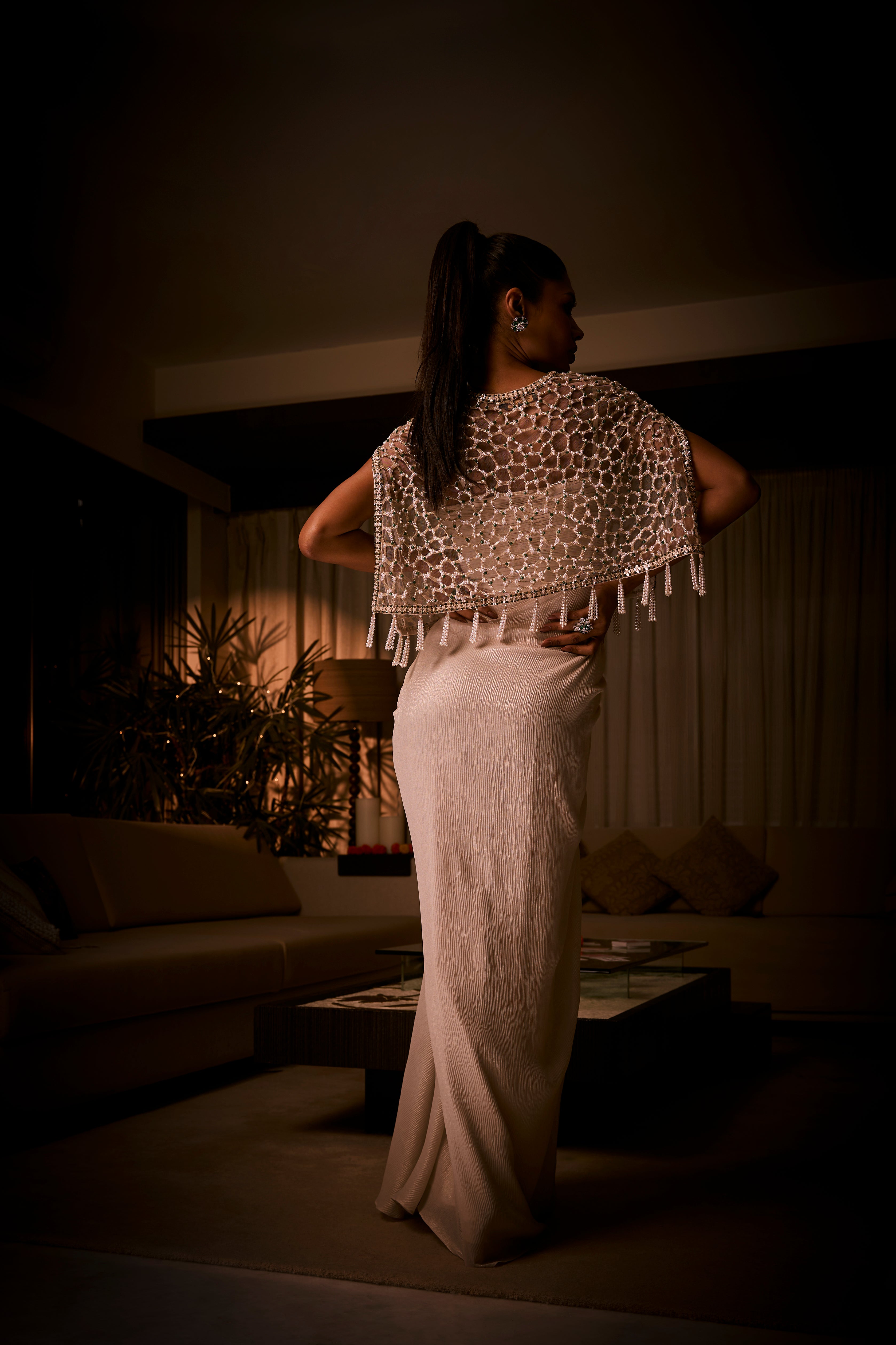 Ivory Draped Dress Paired With Geometric Embellished Cape Jacket
