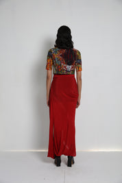 Flowers Jacket With Red Drape Skirt