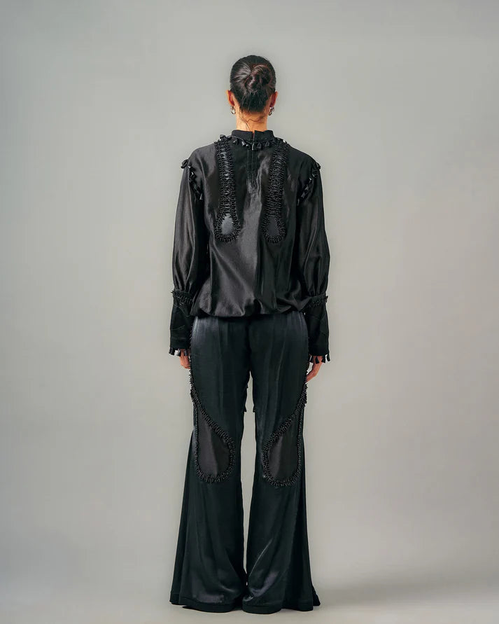 Cross Gathered Top & Sheer Insert Godet Trouser Set