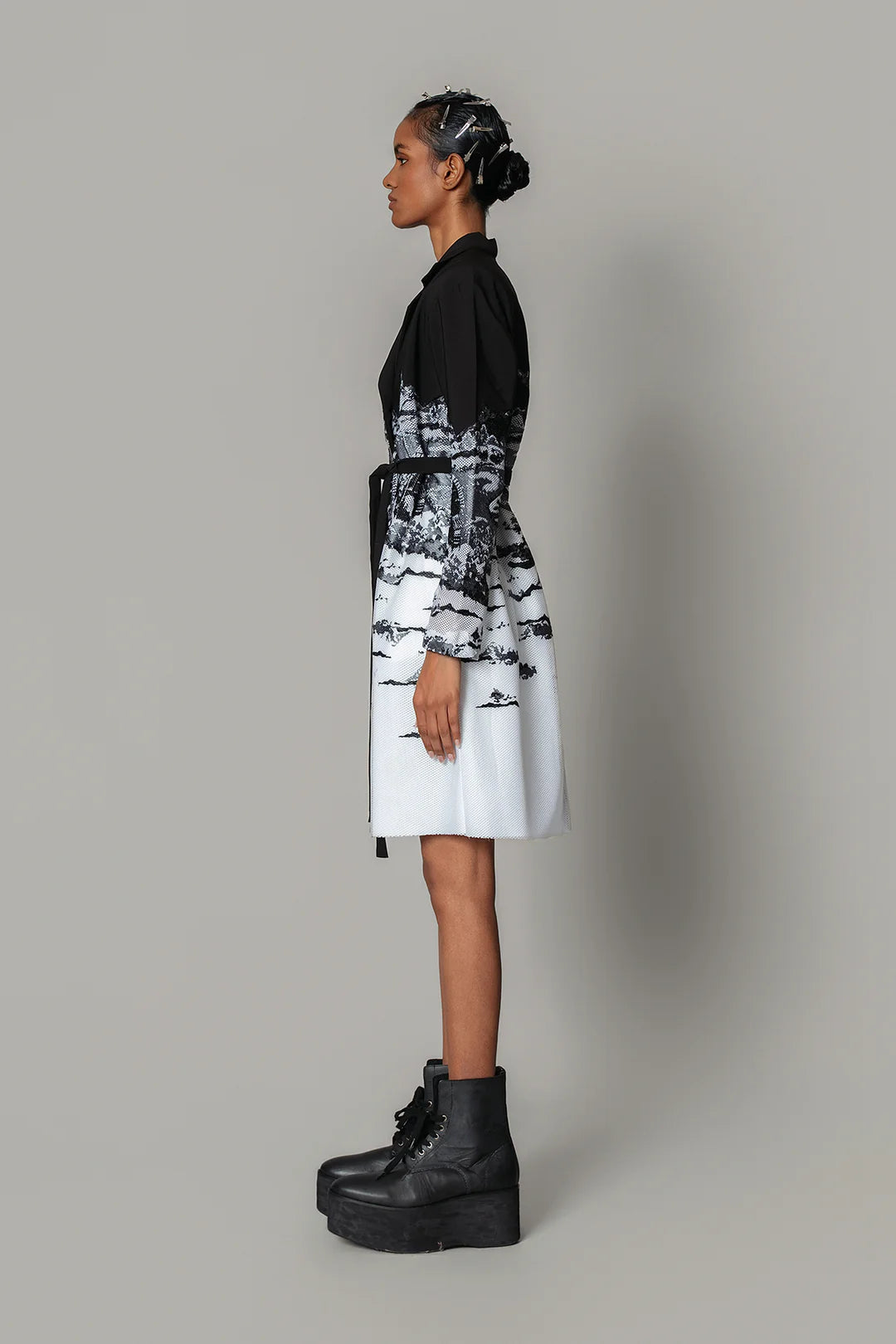 B&W Hokusai Embroidered Coat Dress