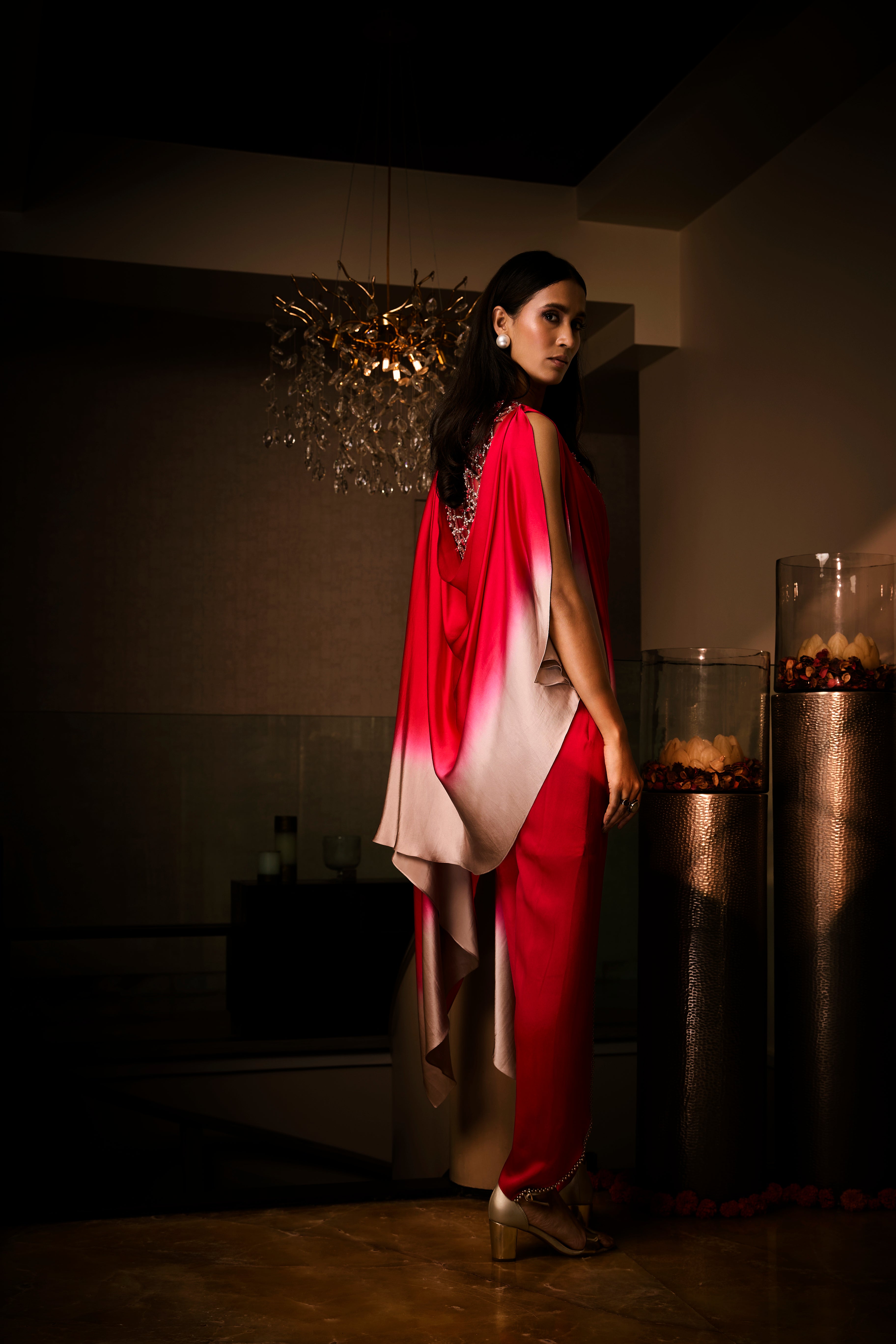 Pure Silk Satin Sangria Ombre Tunic With Tulip Pants