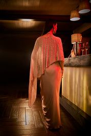 Taupe Draped Skirt With Structured Blouse and Sheer Cape