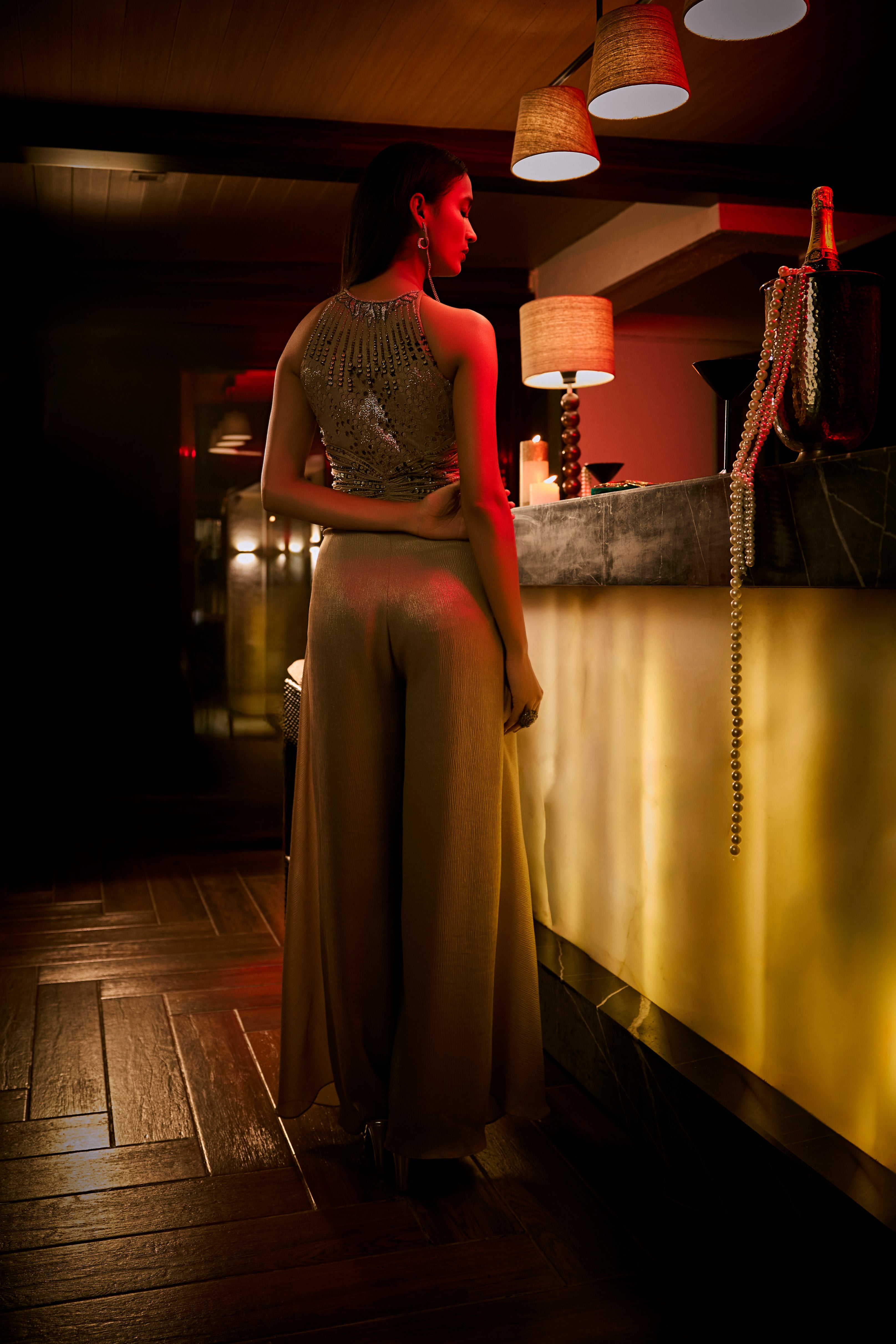 Taupe Crushed Shimmer Jumpsuit Gown
