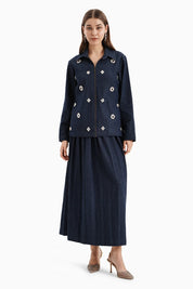 Dark Herringbone Denim Jacket and Skirt