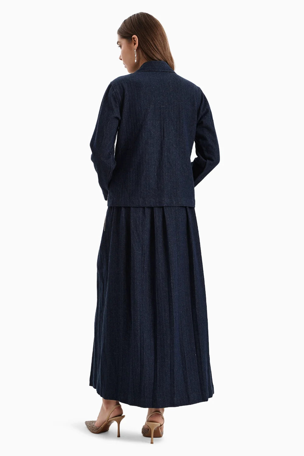 Dark Herringbone Denim Jacket and Skirt