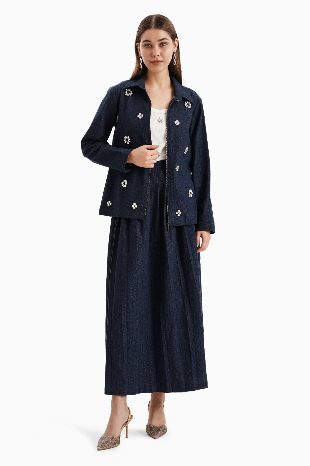 Dark Herringbone Denim Jacket and Skirt