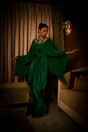Emerald Green Pure Silk Satin Dress with an Attached Cape