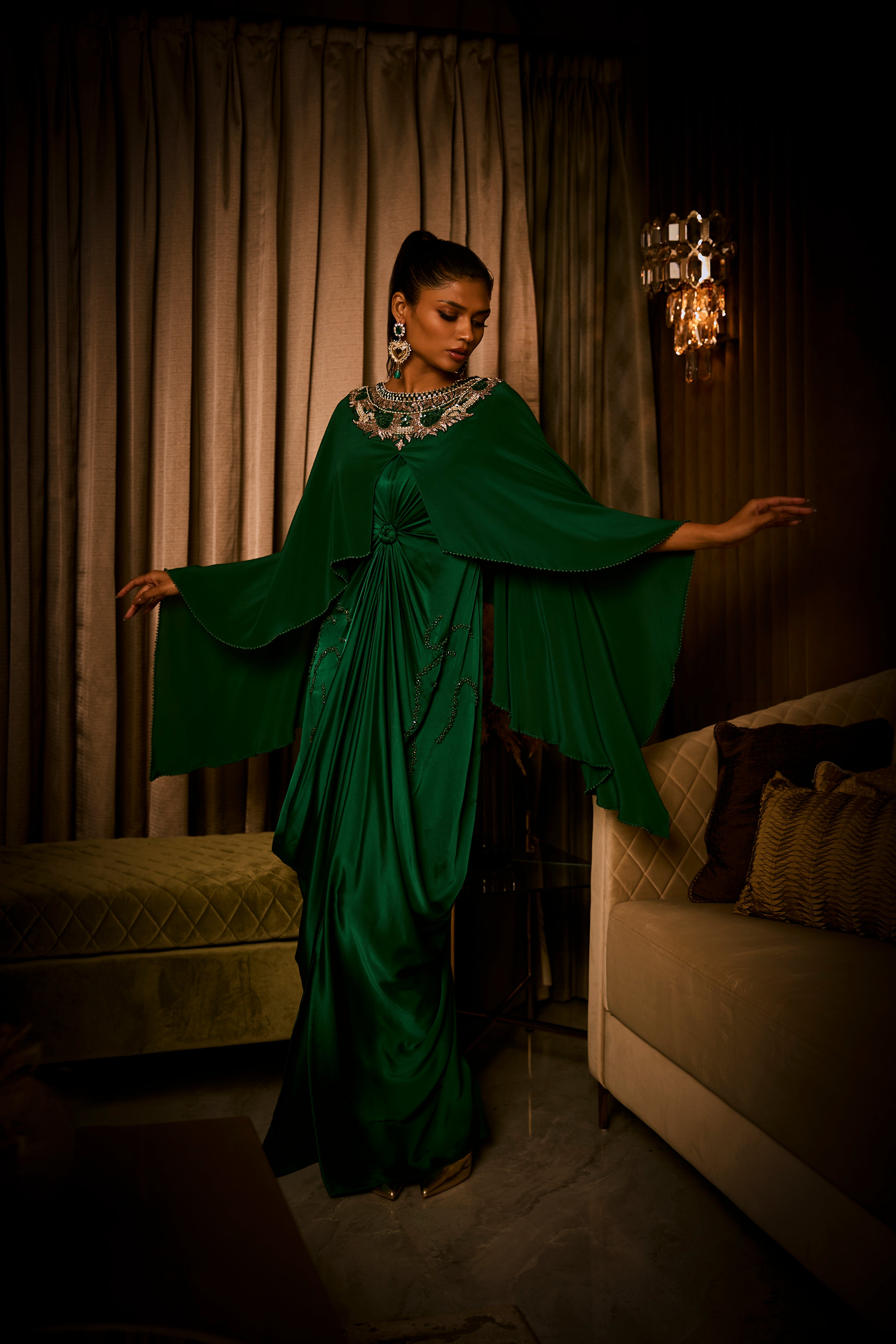 Emerald Green Pure Silk Satin Dress with an Attached Cape