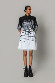B&W Hokusai Embroidered Short Dress