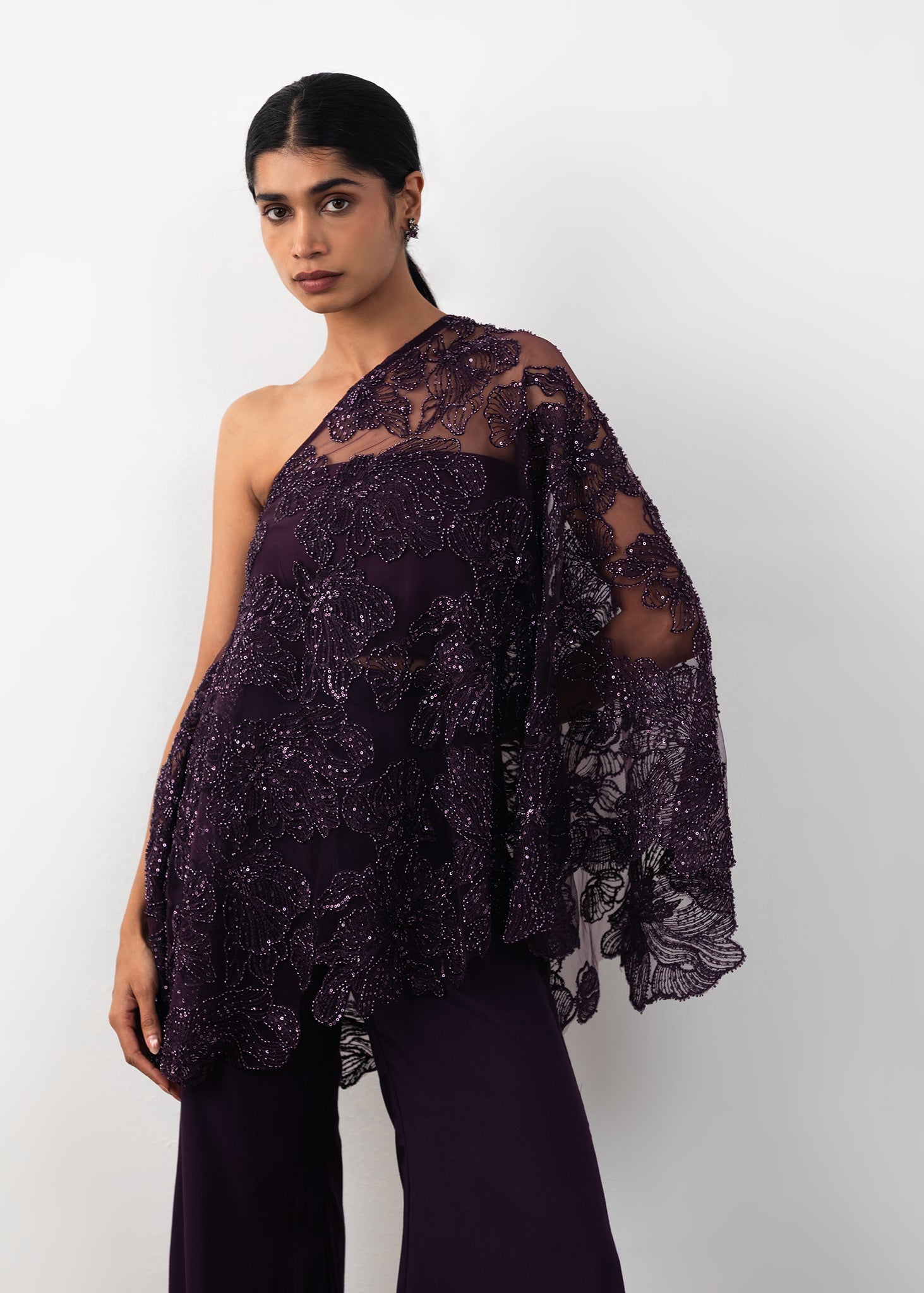Embroidered One Shoulder Co-ord