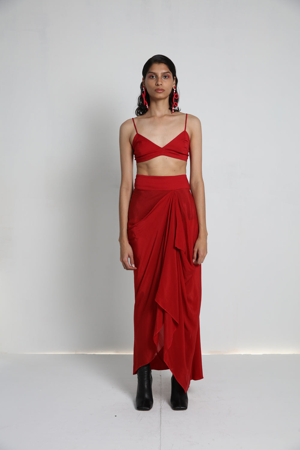 Flowers Jacket With Red Drape Skirt
