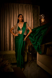 Emerald Green Pre Draped Saree With Bralette And Cape