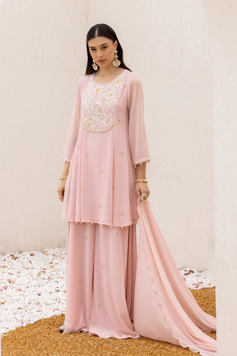 Anchal Rose Pink Peplum Suit With Sharara