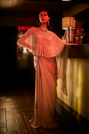 Taupe Draped Skirt With Structured Blouse and Sheer Cape