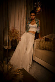 Ivory Flared Pants, Bustier and Green Jacket