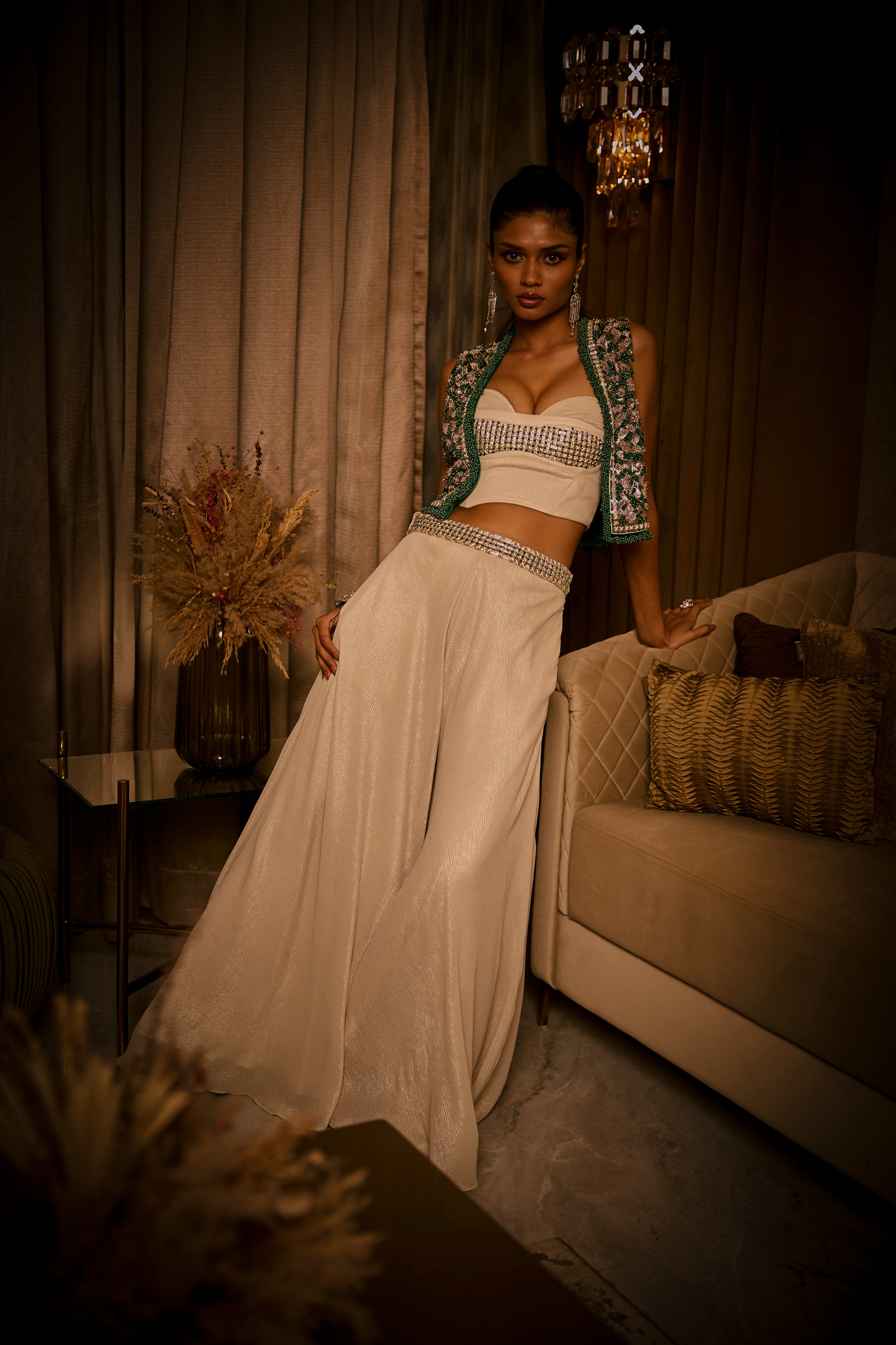Ivory Flared Pants, Bustier and Green Jacket