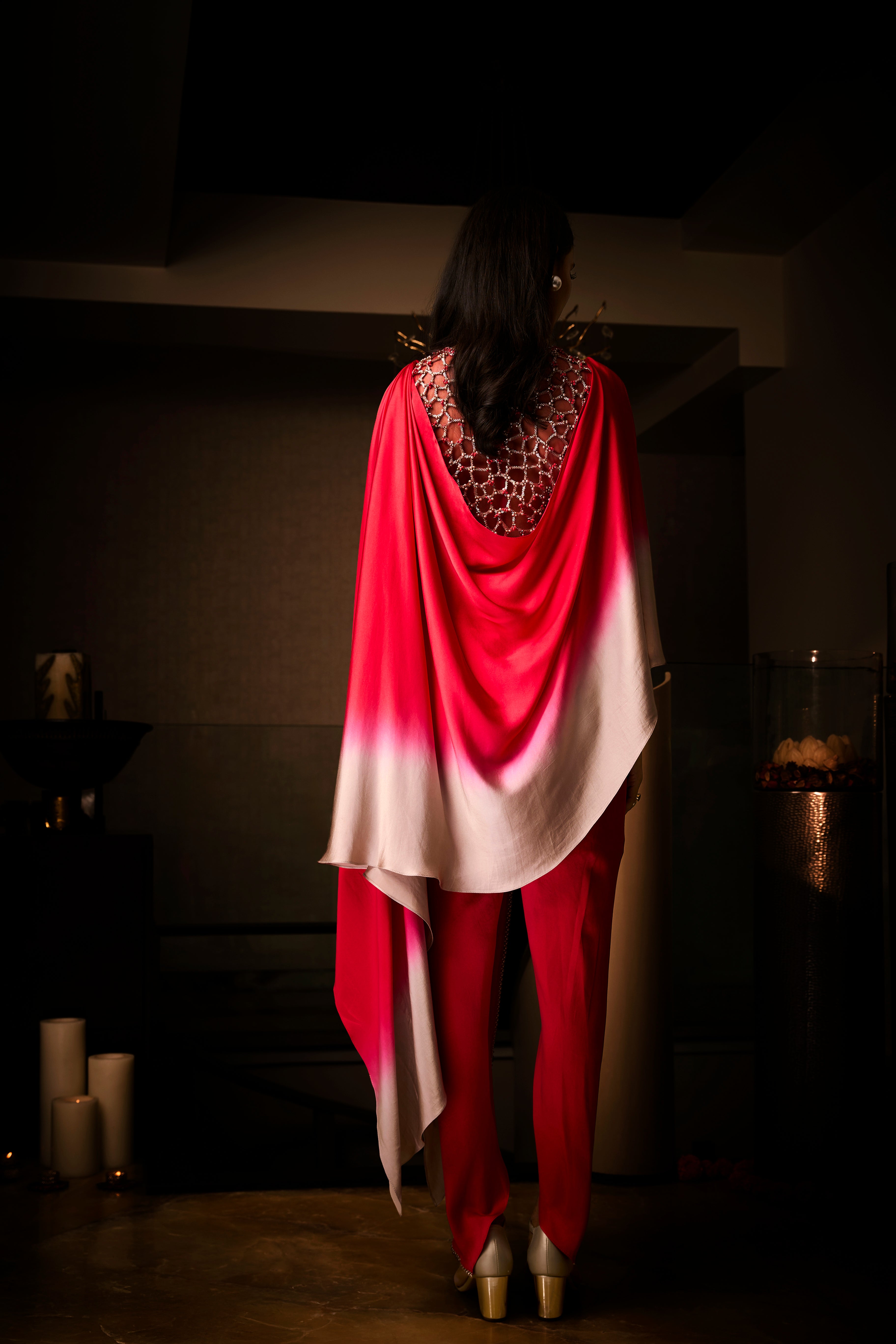 Pure Silk Satin Sangria Ombre Tunic With Tulip Pants