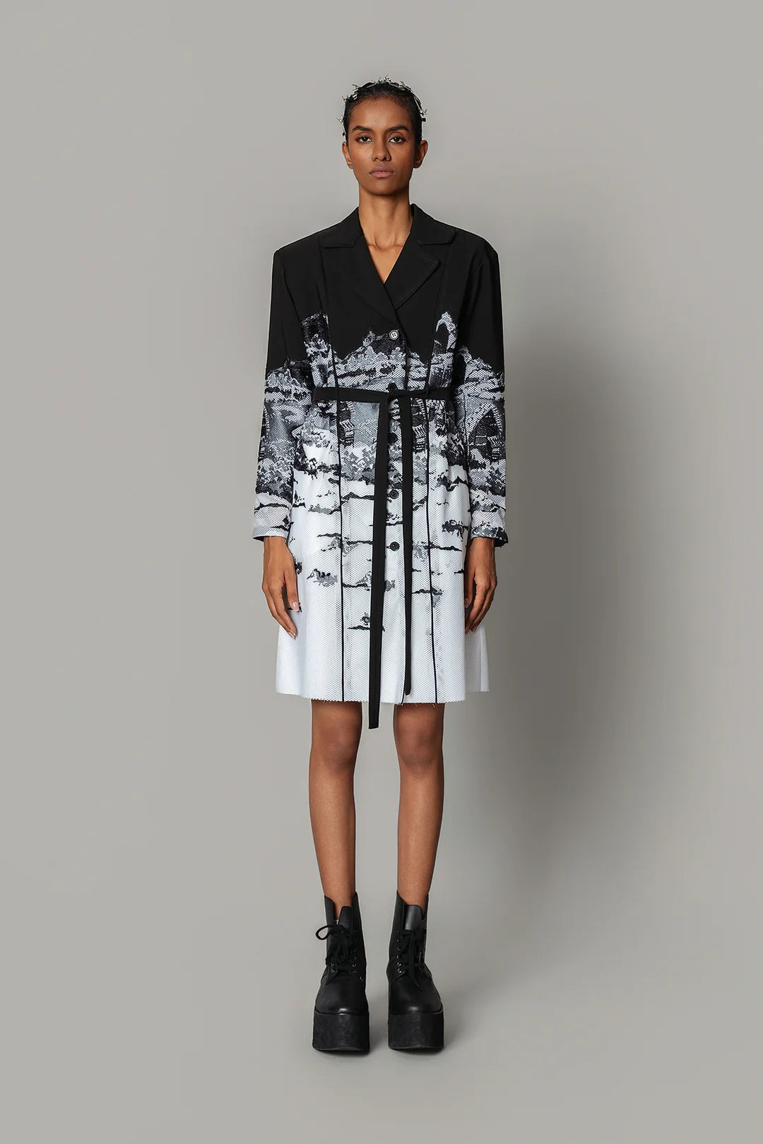 B&W Hokusai Embroidered Coat Dress