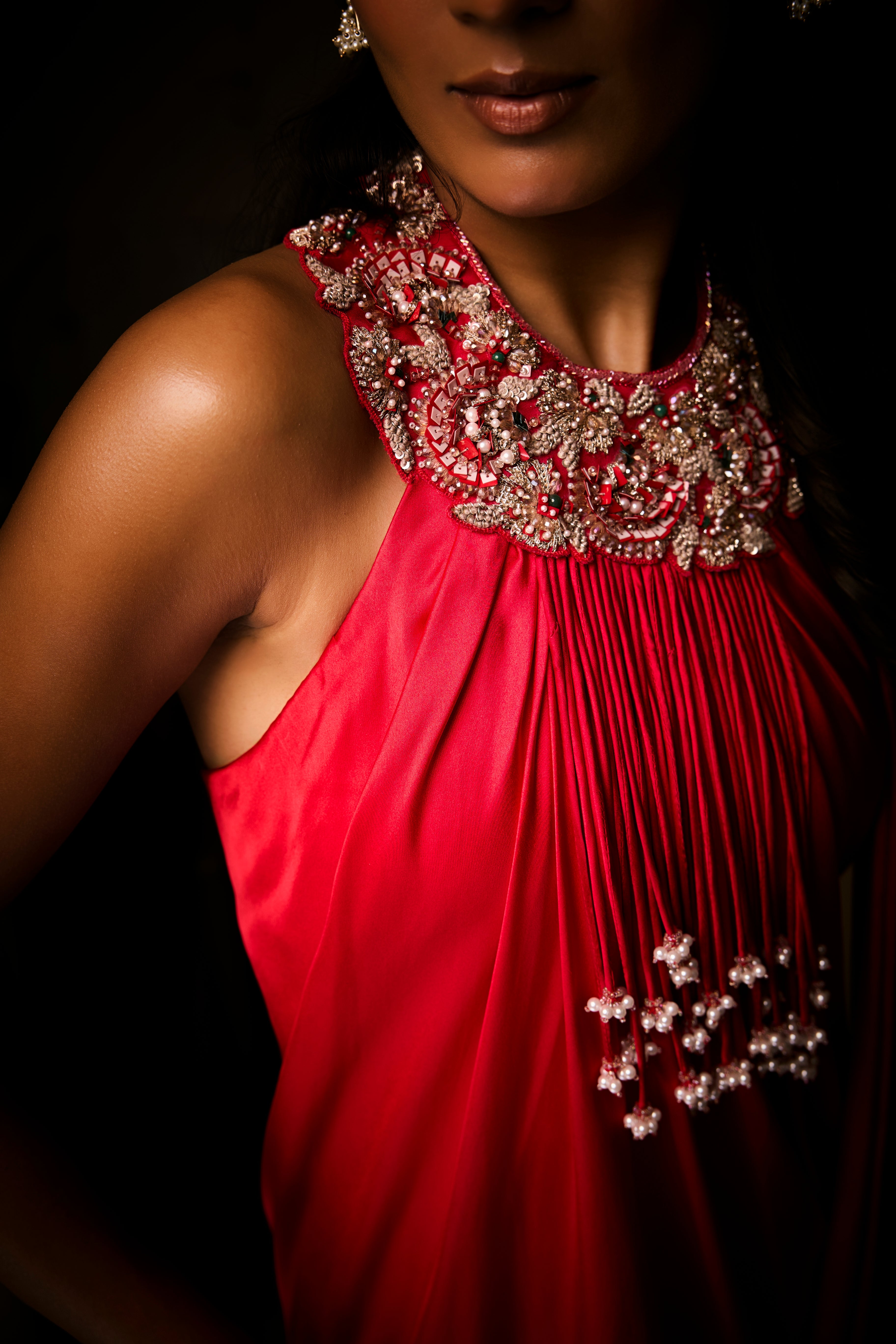 Sangria Silk Satin Pre Draped Saree Gown