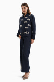 Dark Herringbone Denim Leopard Set
